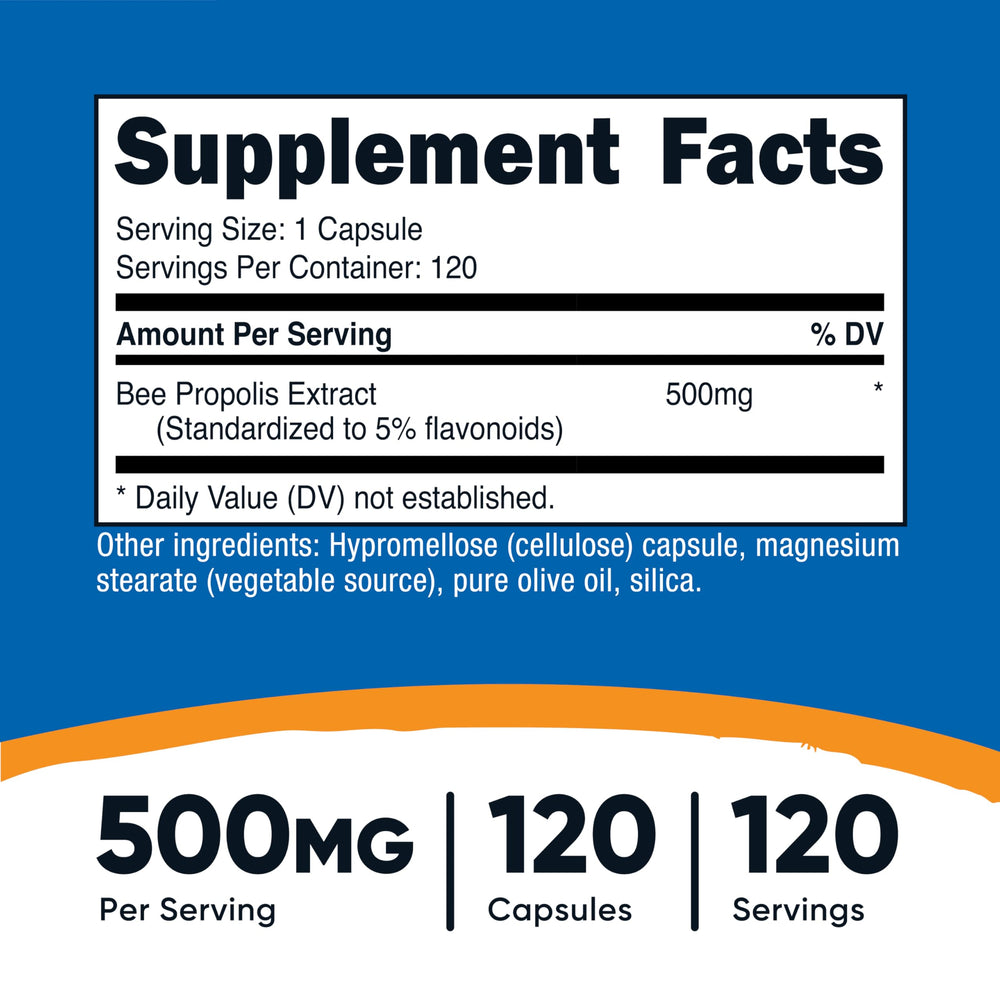 Close-up of Nutricost Bee Propolis bottle label showing 5% flavonoids