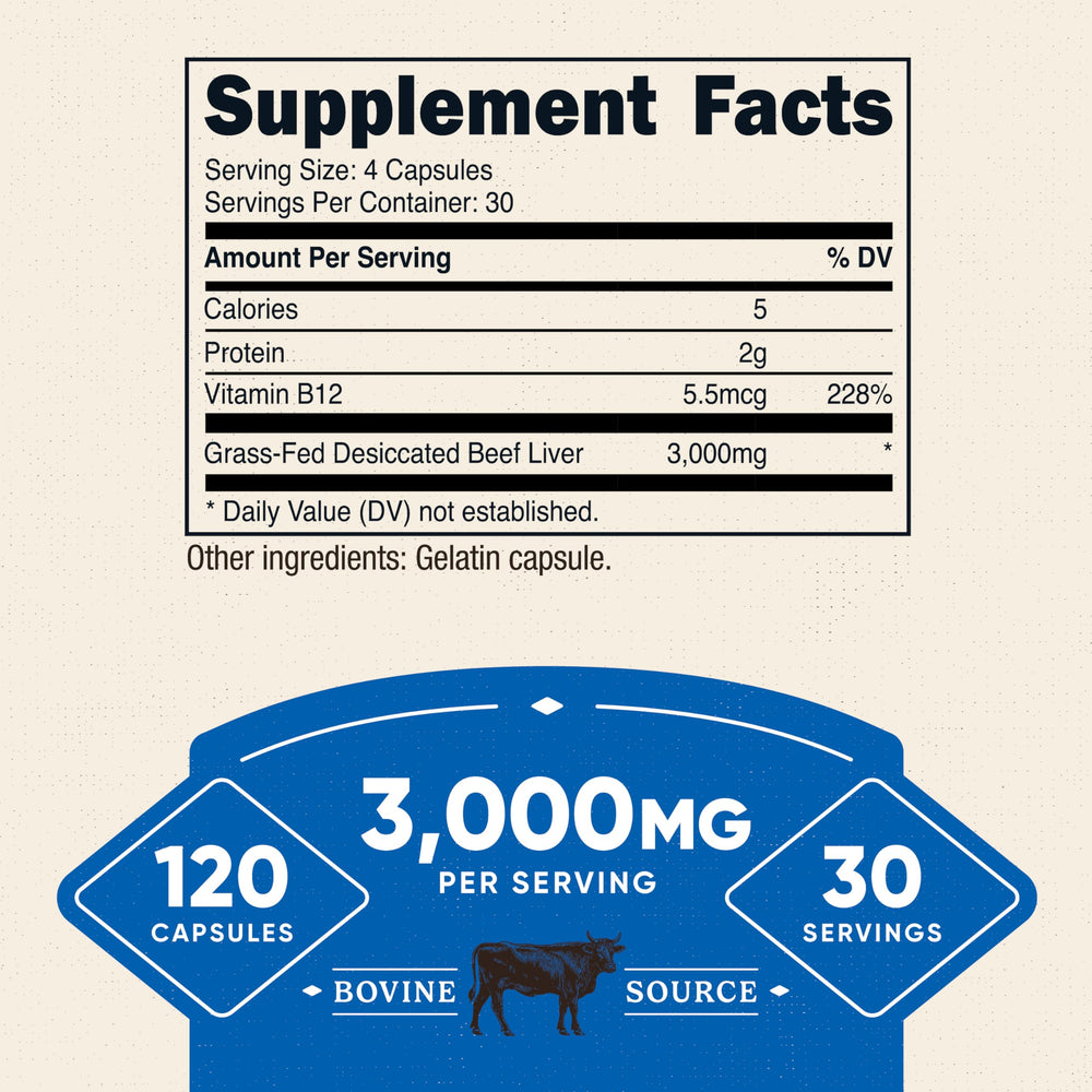 Desiccated beef liver capsules 750 mg per capsule (3000 mg per serving) detail