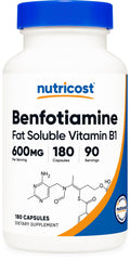 Nutricost Benfotiamine 600 mg bottle with 180 vegan capsules