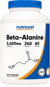 Nutricost Beta-Alanine capsules bottle label showing 3400 mg per serving