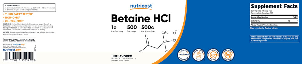 Supplement facts panel for Nutricost Betaine HCl Powder 500g