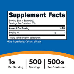 Nutrition facts label on Nutricost Betaine HCl Powder 500g