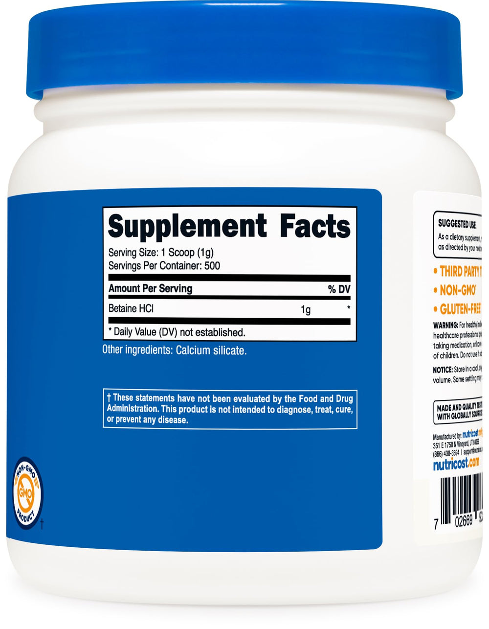Included scoop and 500g Betaine HCl powder