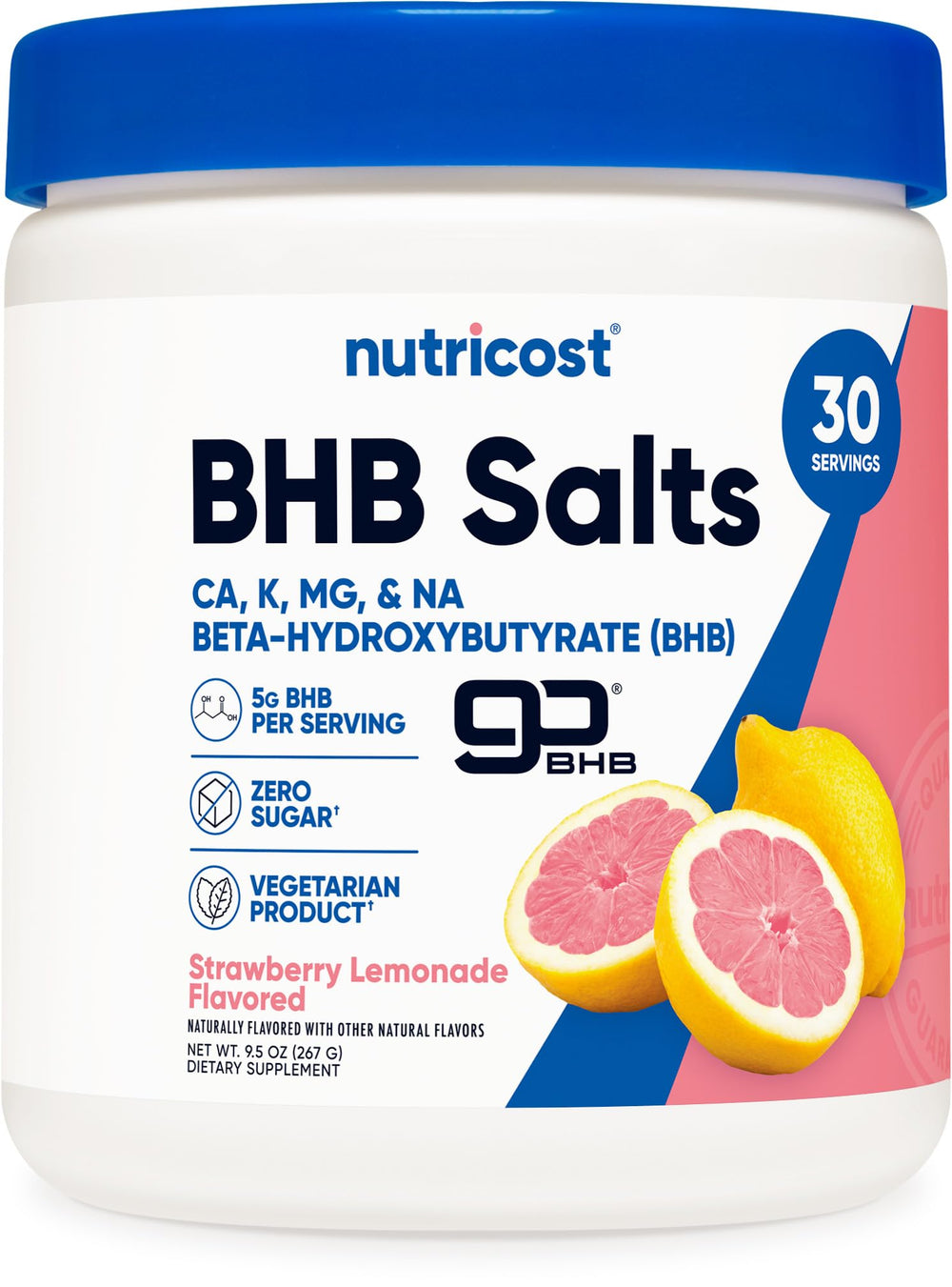 Nutricost BHB Salts Drink Mix Strawberry Lemonade bottle with scoop