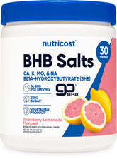 Nutricost BHB Salts Drink Mix Strawberry Lemonade bottle with scoop