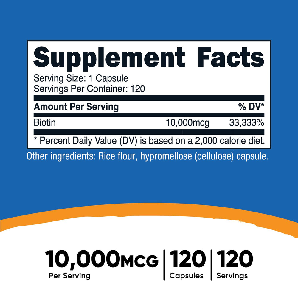 Close-up of Biotin capsules showing 10,000 mcg dosage