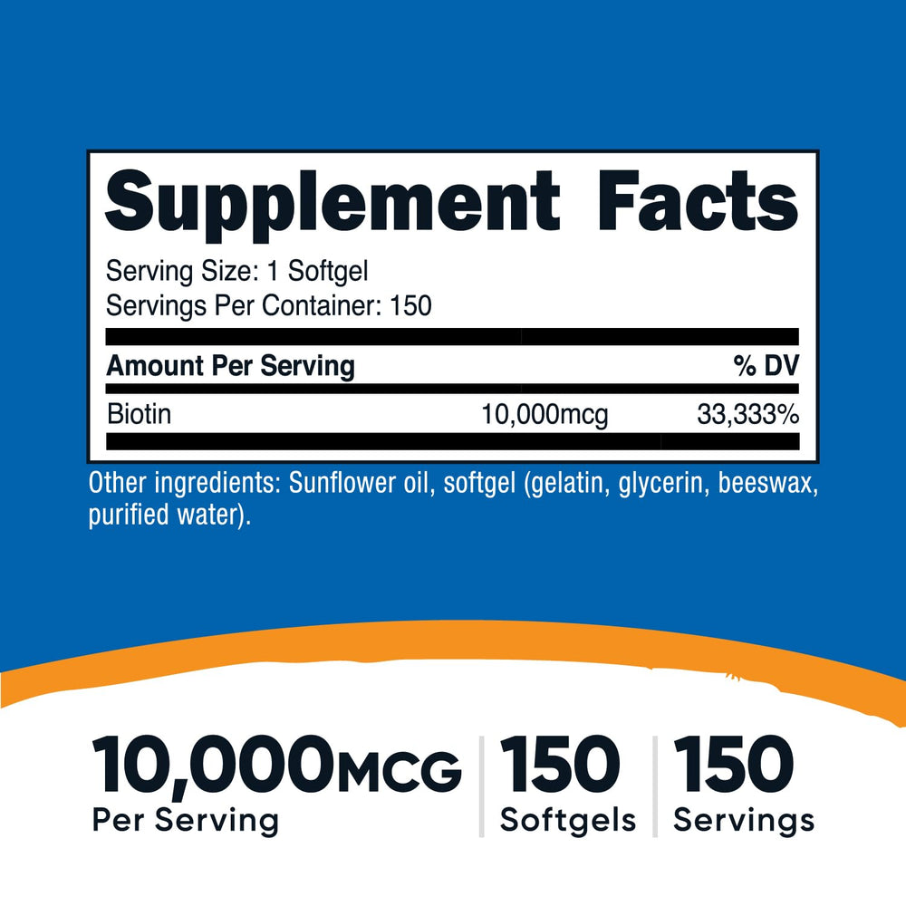 Pack shot of Nutricost Biotin 10,000 mcg softgels
