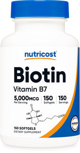 Hero image of Nutricost Biotin 5,000 mcg softgel bottle