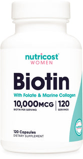 Label for Nutricost Biotin Women 10,000mcg 120 capsules
