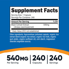 Close-up of Nutricost Black Cohosh bottle label showing 540mg per capsule