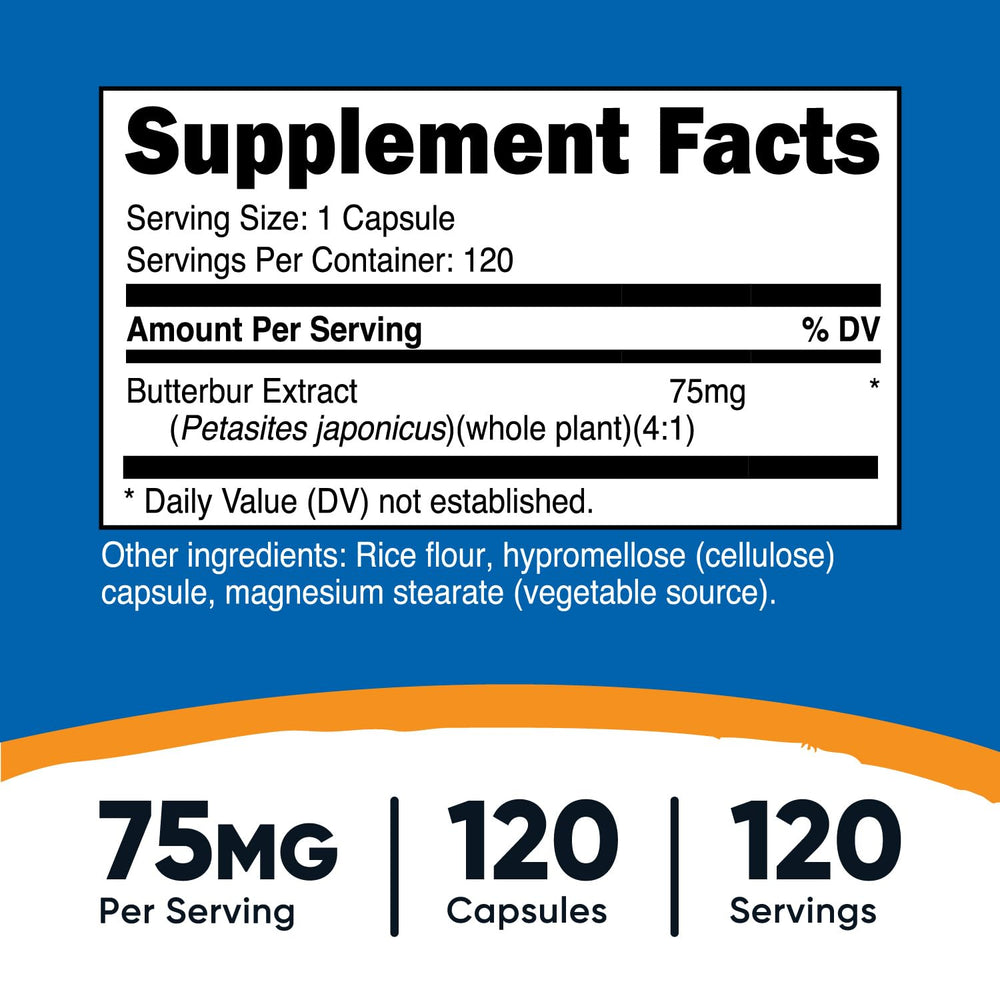 Close-up of Butterbur Extract Capsule 75 mg inside bottle