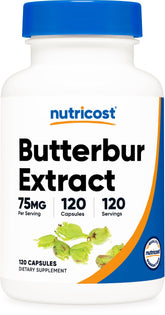 Bottle of Nutricost Butterbur Extract Capsules 75 mg (120 count) with label