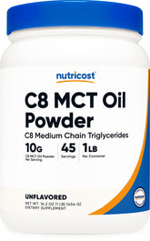Front view of Nutricost C8 MCT Oil Powder 1lb container