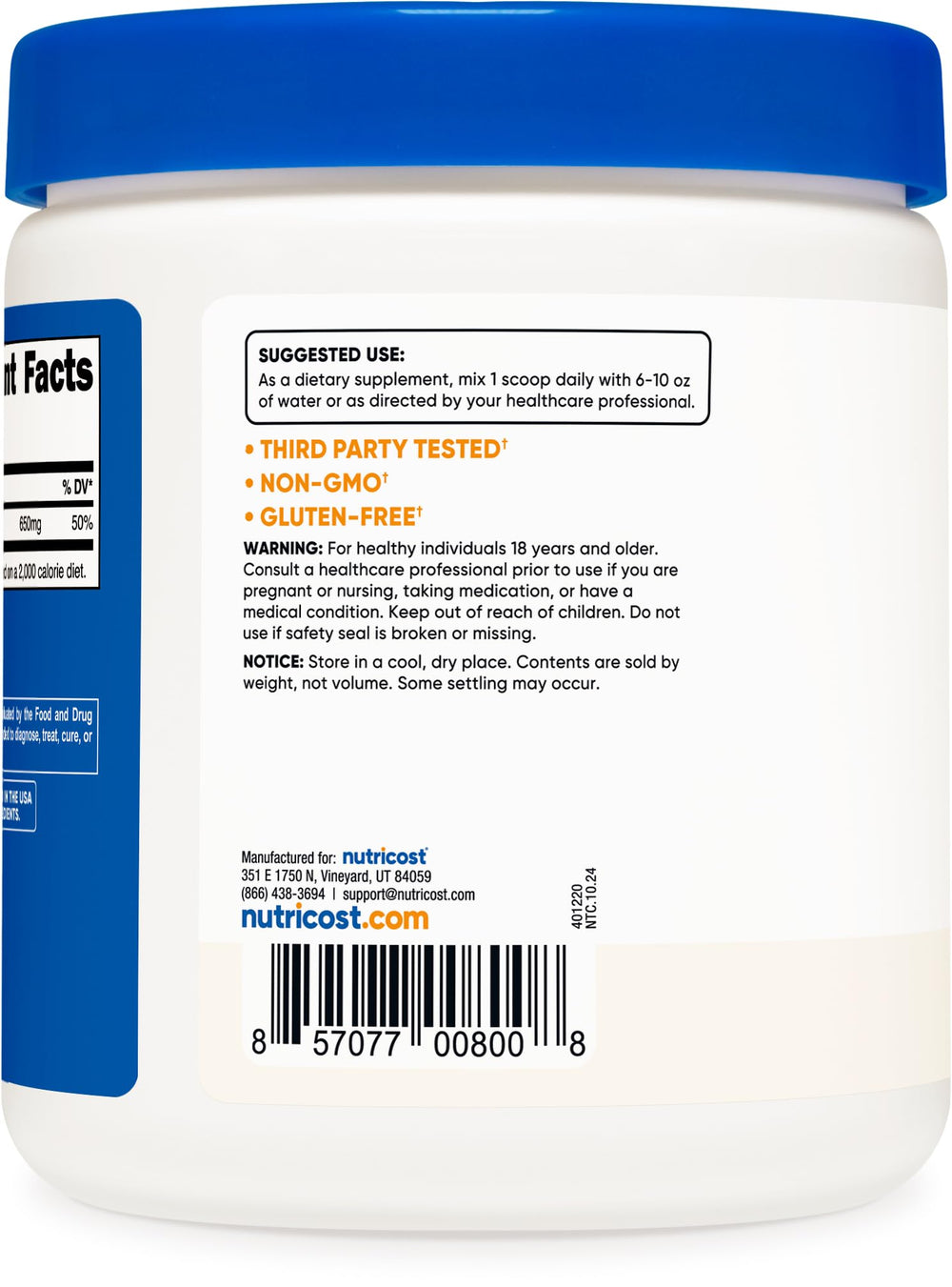 Nutricost Calcium Carbonate 500g label and bottle information