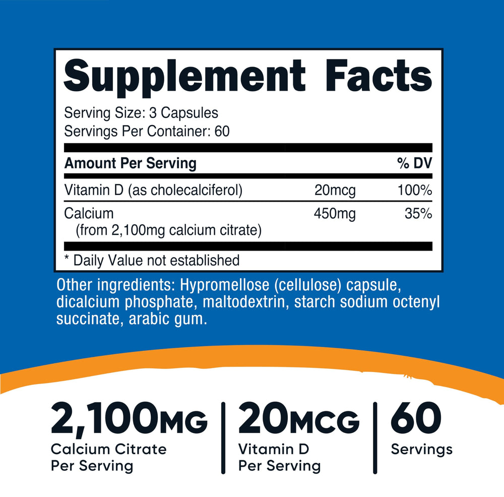 Serving size graphic showing 2100 mg calcium citrate and 20 mcg vitamin D per serving