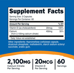 Serving size graphic showing 2100 mg calcium citrate and 20 mcg vitamin D per serving