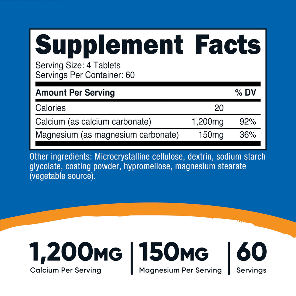 Serving information showing 1200mg calcium carbonate and 150mg magnesium carbonate