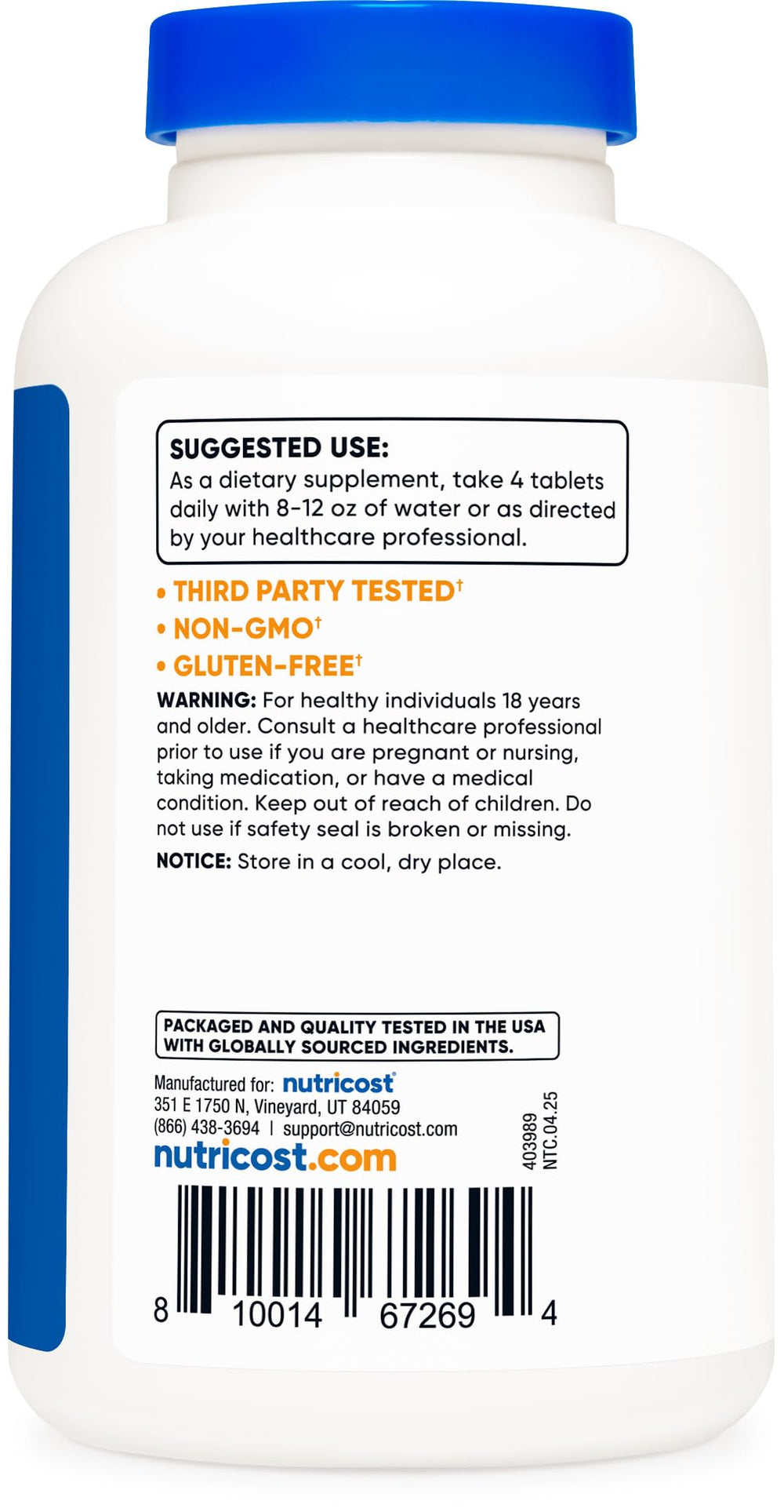 Non-GMO and Gluten Free icons on Nutricost bottle