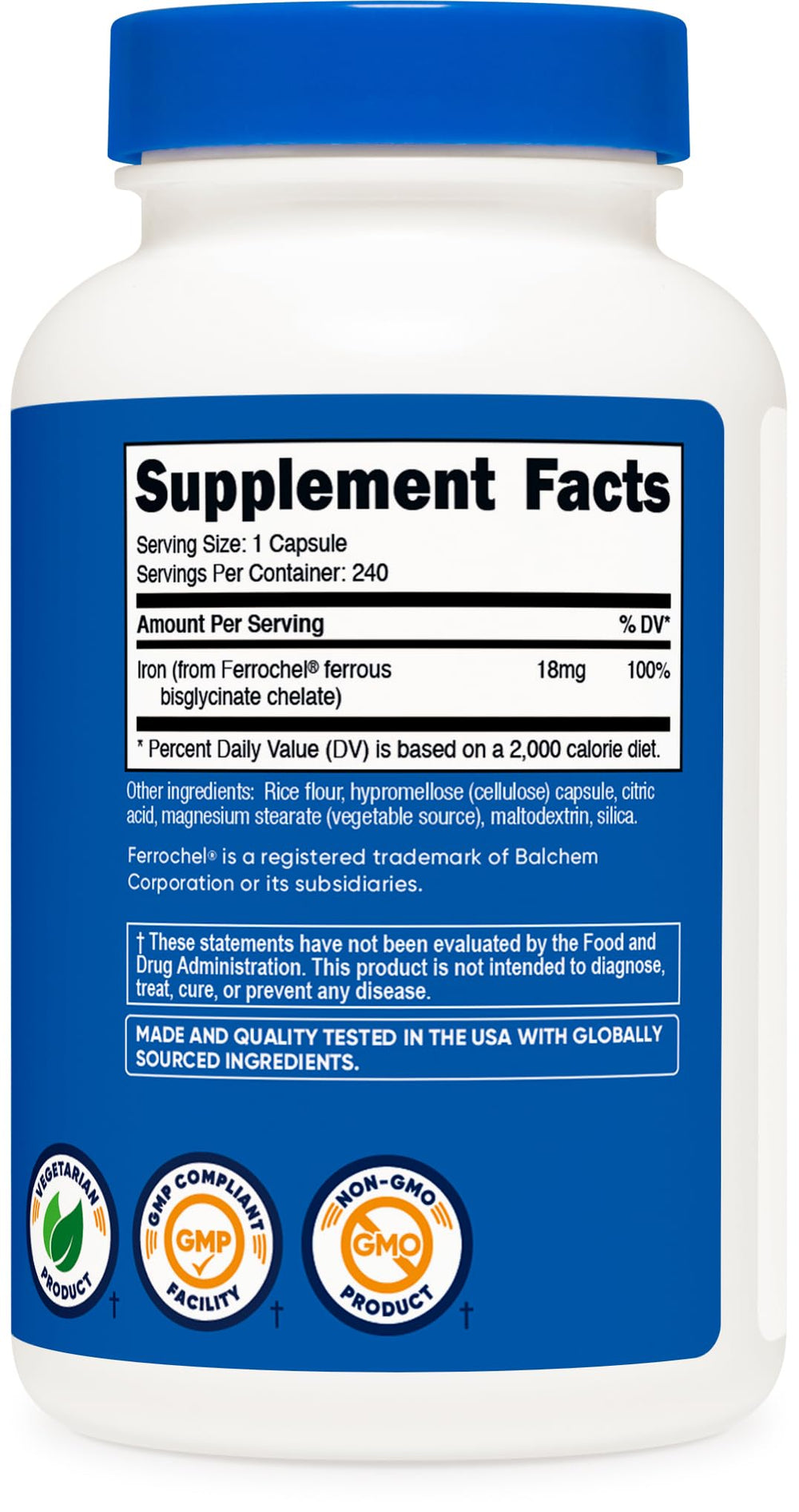 Nutrition facts panel for Nutricost Chelated Iron 18mg
