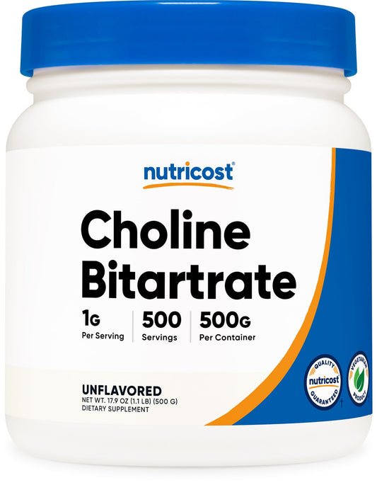 Front view of Nutricost Choline Bitartrate Powder 500g container