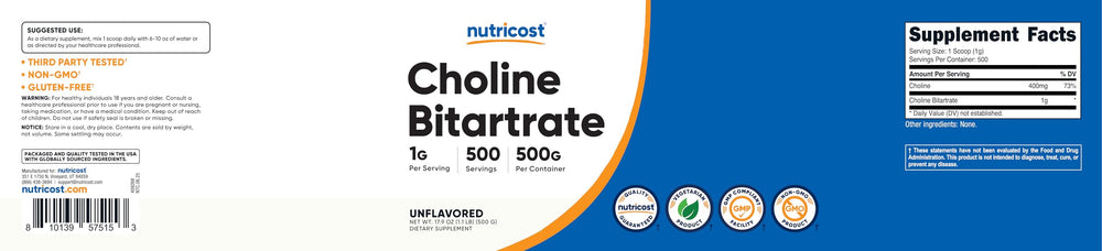 ISO-accredited third-party lab testing certificate for Nutricost Choline Bitartrate Powder