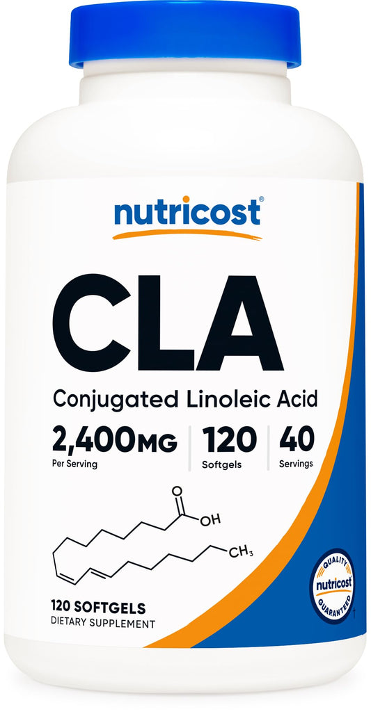 Nutricost CLA bottle front showing 2,400mg per serving and 120 softgels