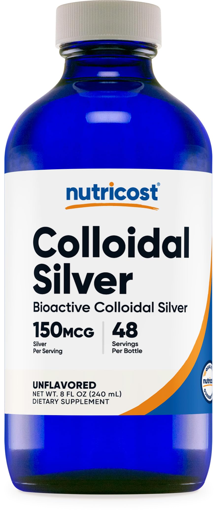 Front view of Nutricost Colloidal Silver 8oz cobalt blue bottle