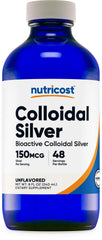 Front view of Nutricost Colloidal Silver 8oz cobalt blue bottle
