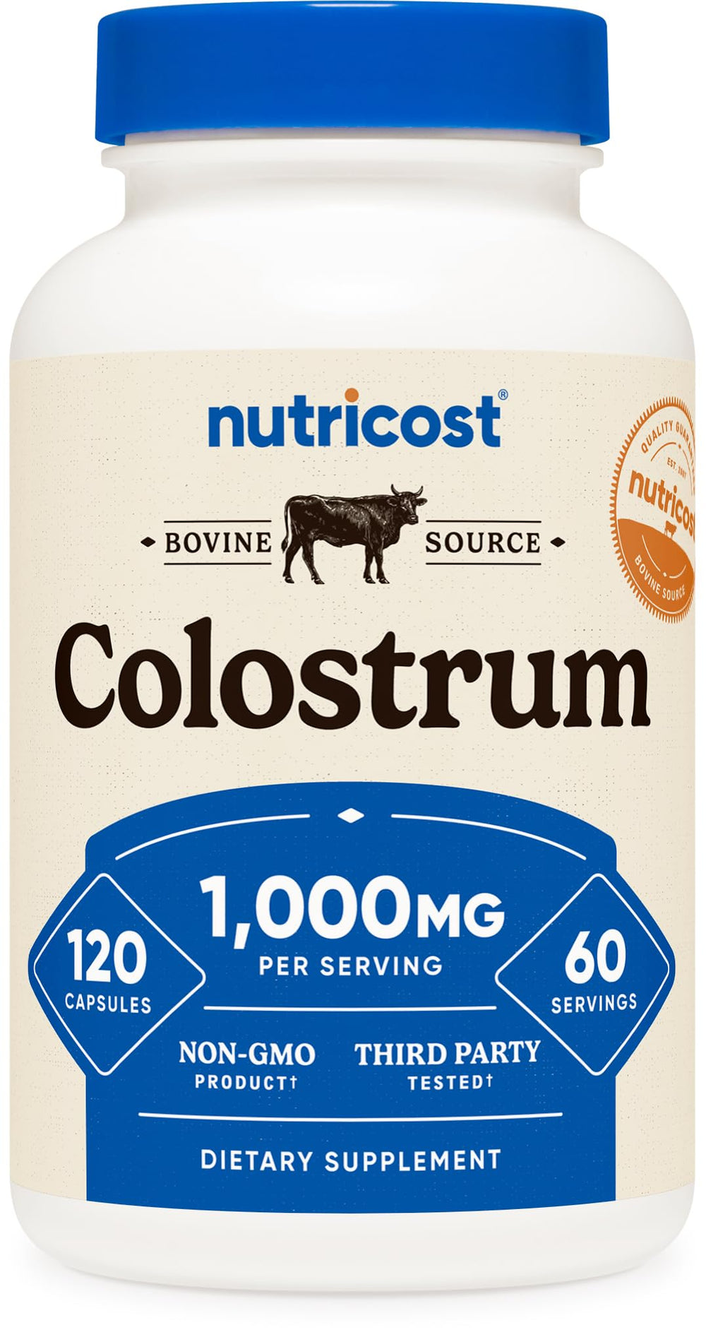Front view of Nutricost Colostrum 1000mg bottle