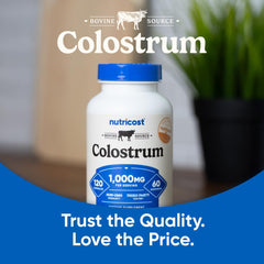Packaging showing 60 servings of Nutricost Colostrum