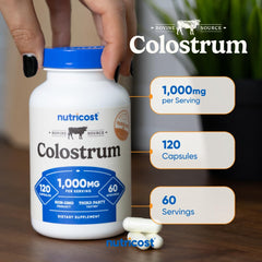 Non-GMO and Gluten Free icons on Nutricost Colostrum