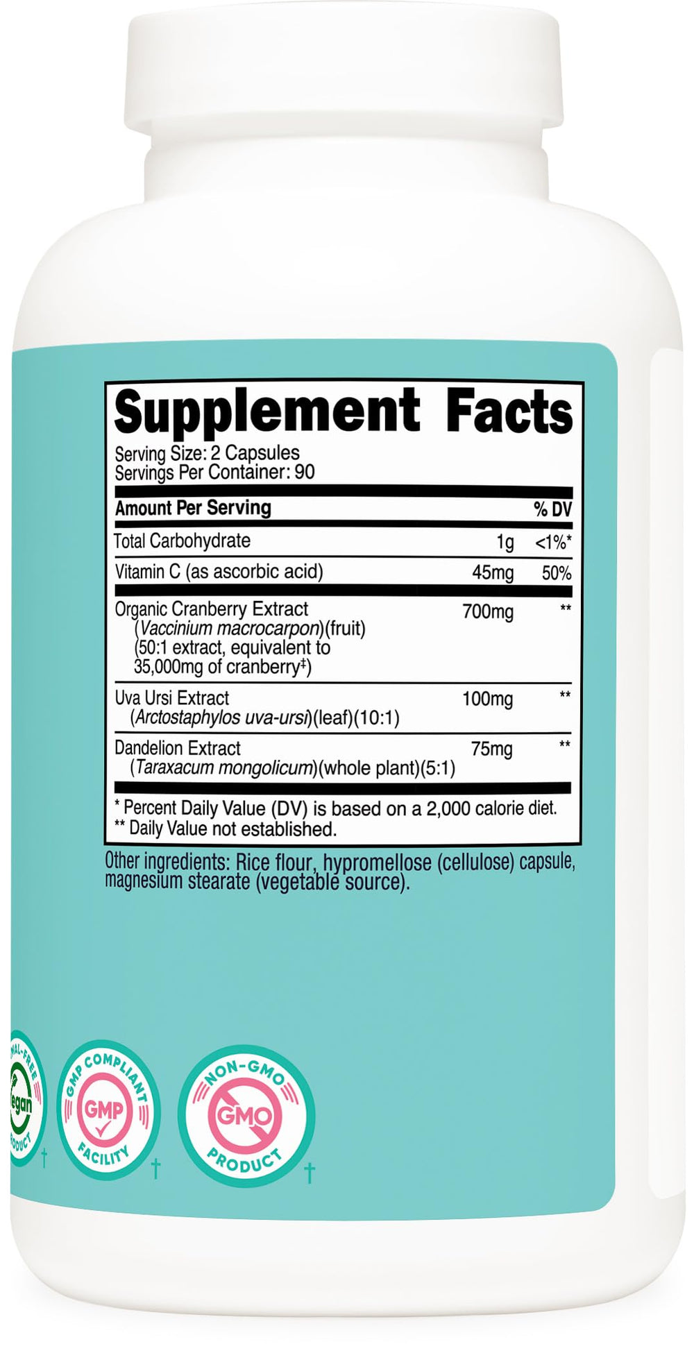 Vitamin C, Uva Ursi and Dandelion Root ingredients graphic for Nutricost Cranberry Extract for Women