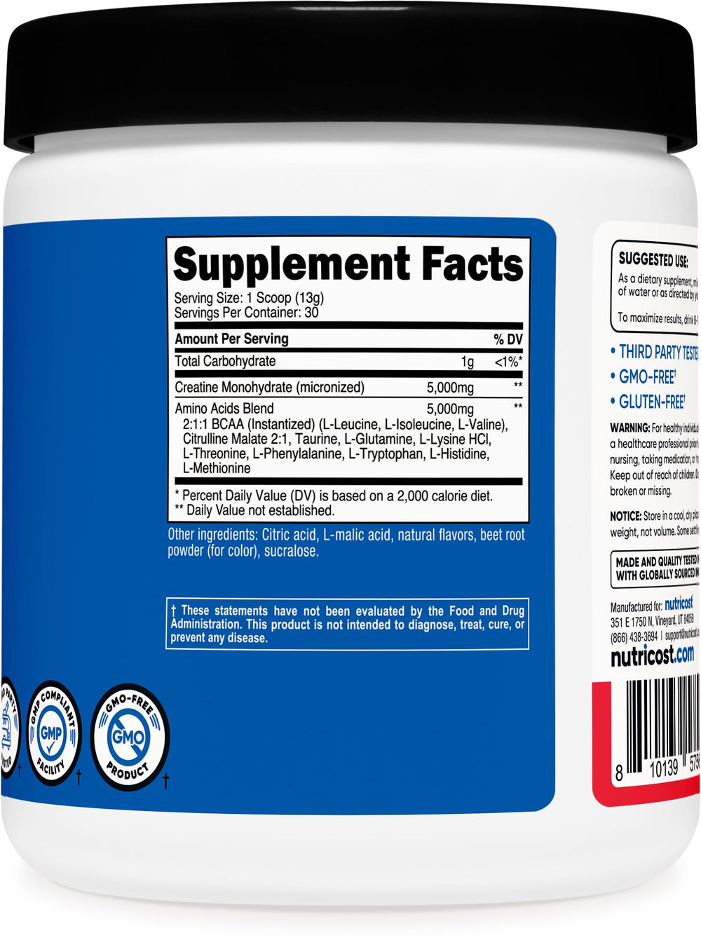 Nutricost Creatine + Aminos packaging highlighting GMO-free and Gluten-Free