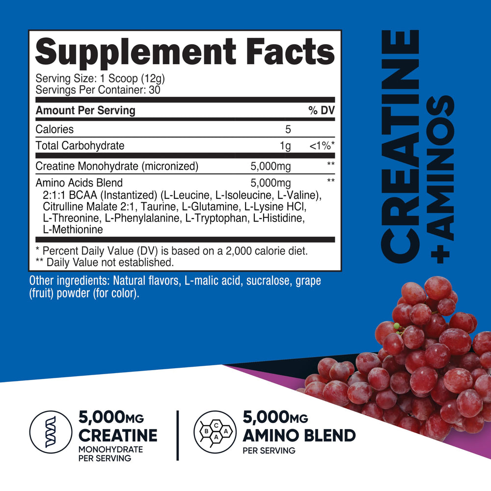 Nutricost Creatine + Aminos nutrition label for Grapes flavor