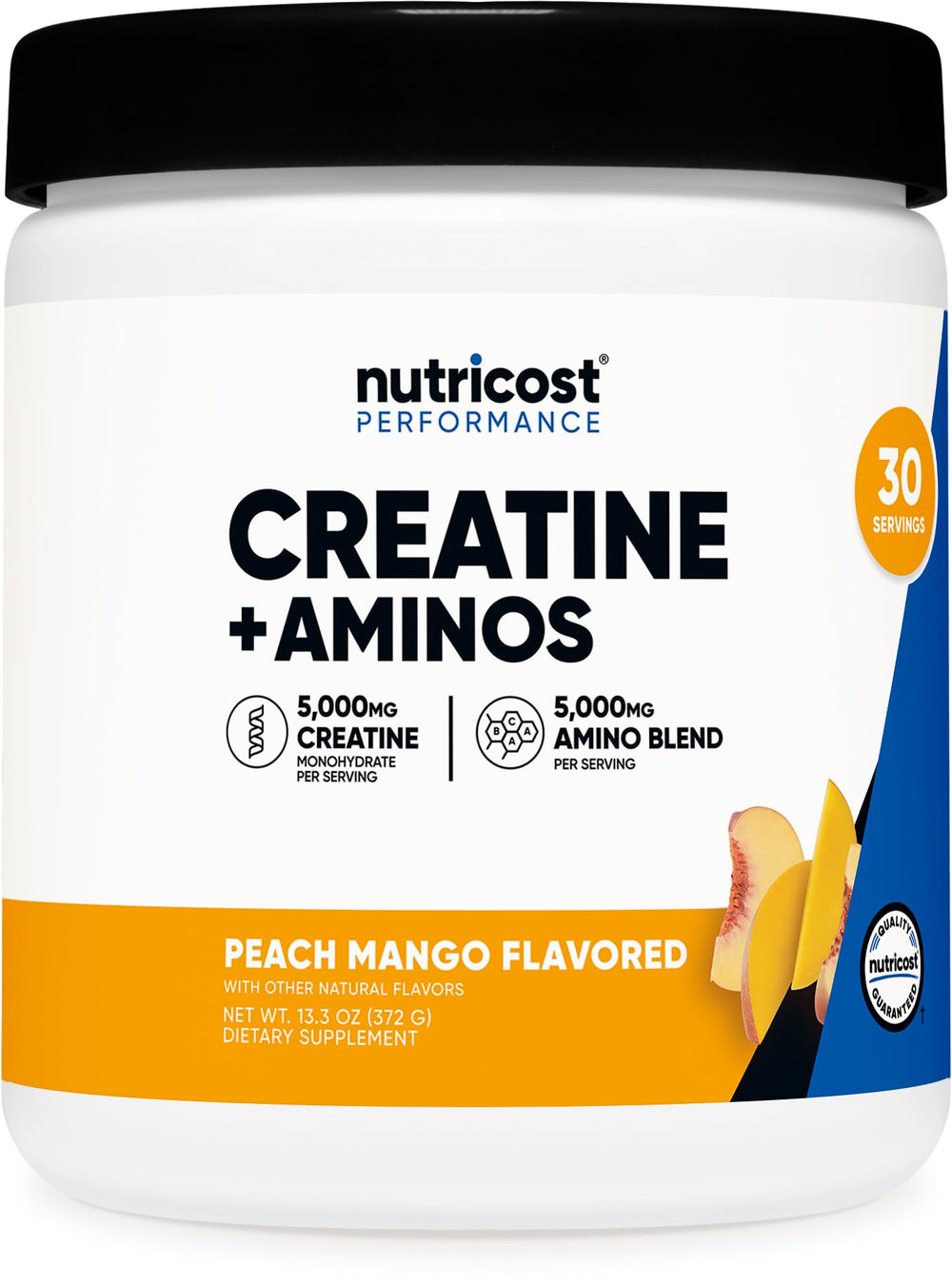 Nutricost Creatine + Aminos Peach Mango bottle - front view