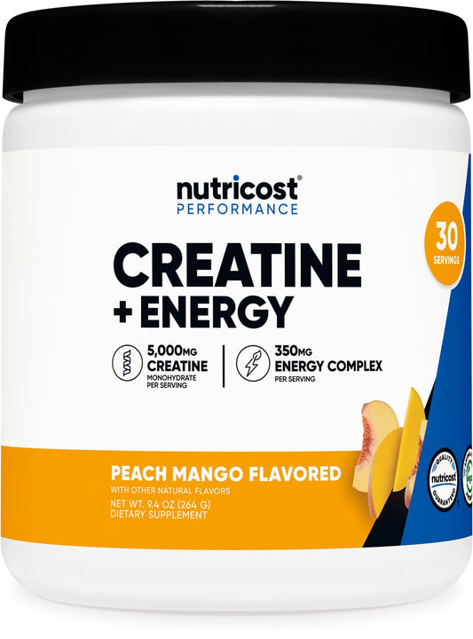 Front view of Nutricost Creatine + Energy Peach Mango 30 Servings container