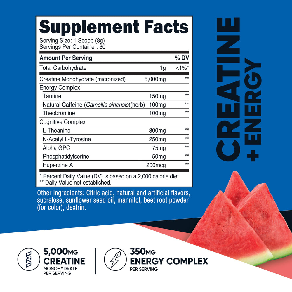 Close-up nutrition facts of Nutricost Creatine + Energy Watermelon