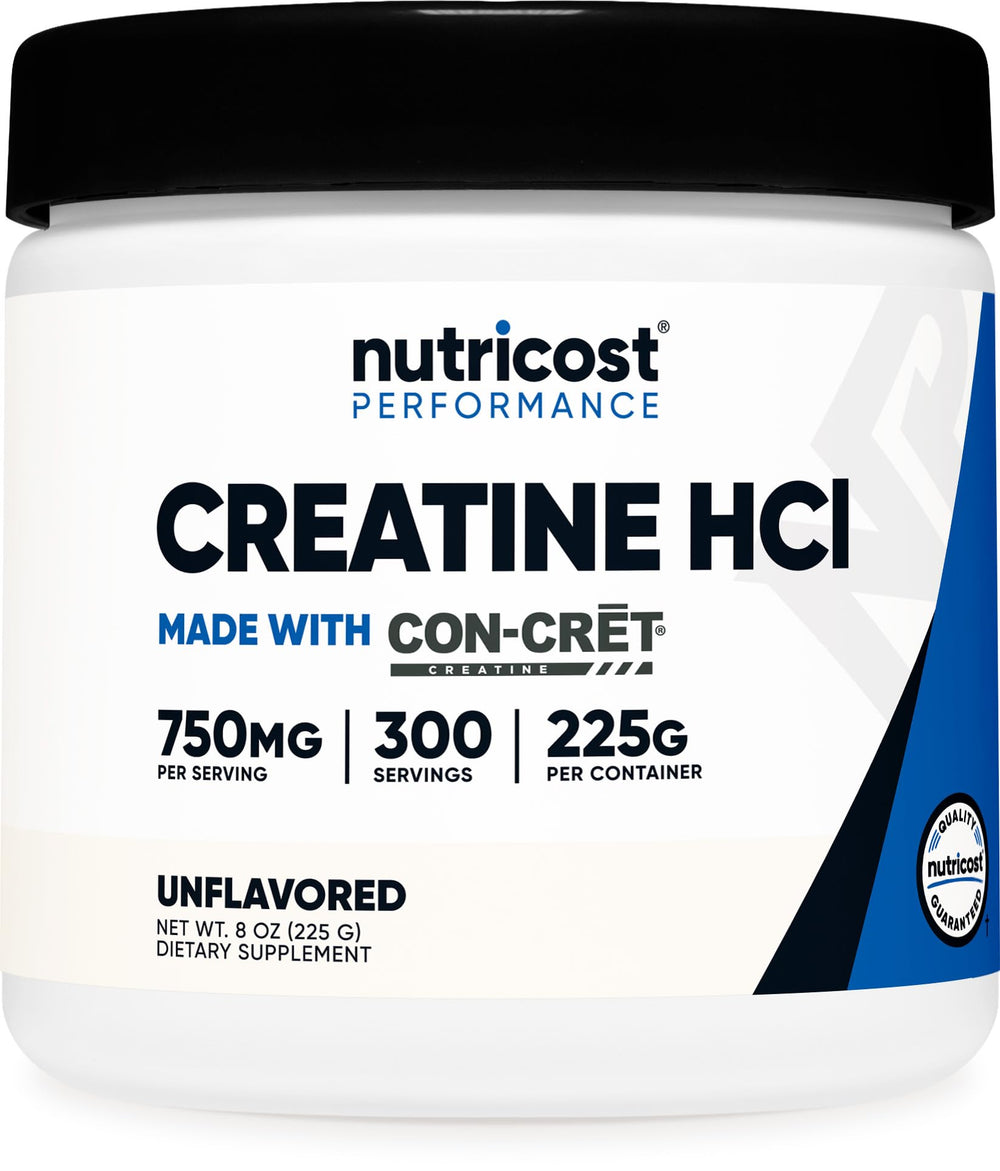 Nutricost Creatine HCl Powder bottle for training routines with unflavored mix