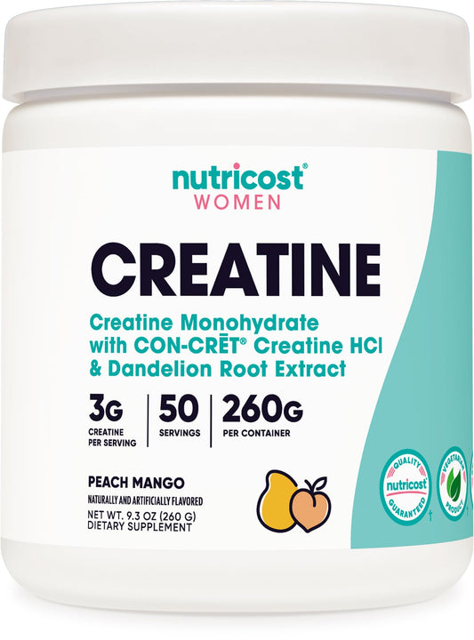 Nutricost Creatine Monohydrate Powder for Women – Peach Mango flavor bottle