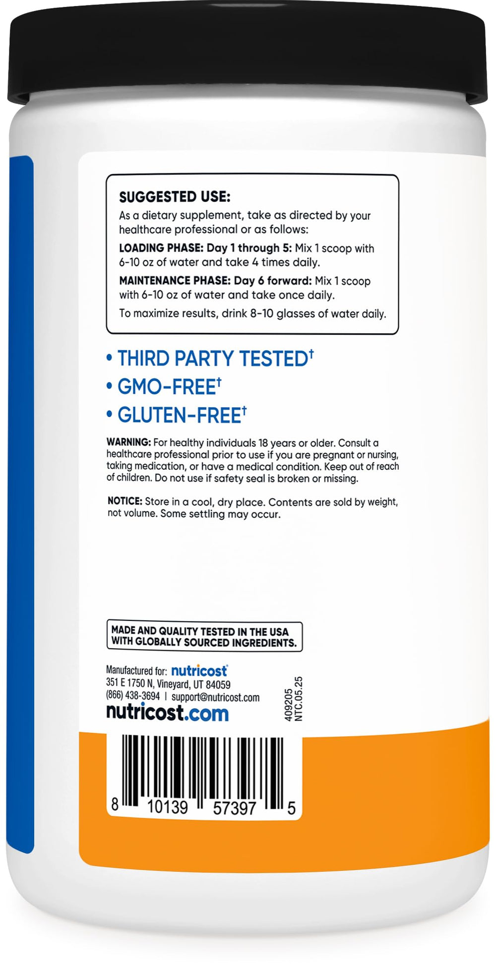 Product label with third-party testing and gluten-free attributes