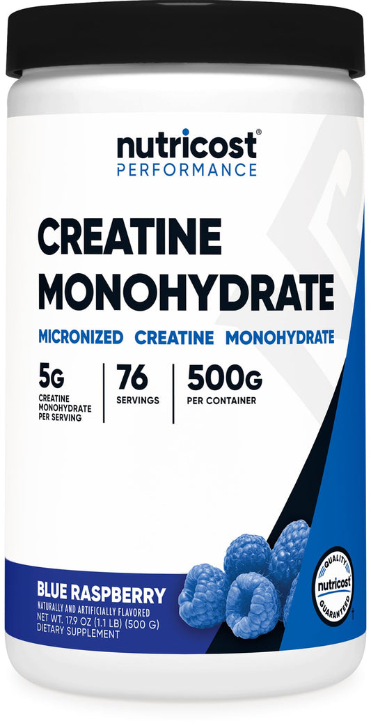 Nutricost Creatine Monohydrate Powder Blue Raspberry jar front view