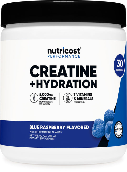 Nutricost Creatine Monohydrate + Hydration Blue Raspberry bottle and label