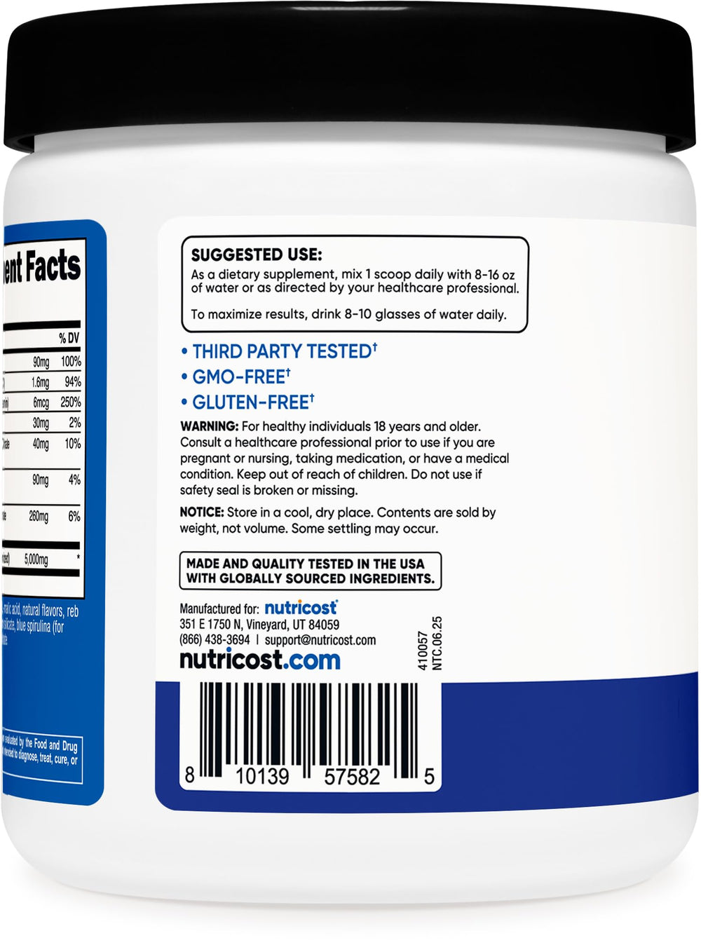 Nutritional information panel on Nutricost Creatine Monohydrate + Hydration label