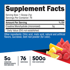 Fruit Punch flavored creatine monohydrate powder with Nutricost label