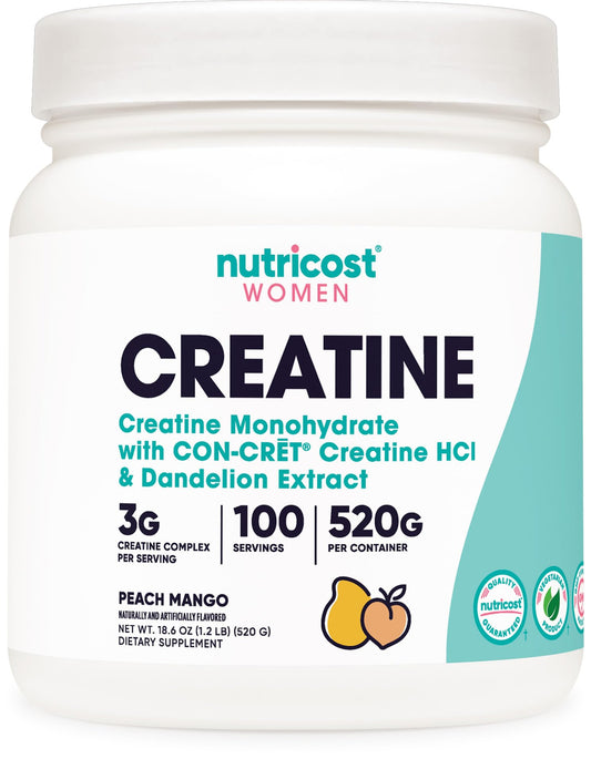 Nutricost Creatine Monohydrate Powder for Women Peach Mango bottle with scoop, 100 servings