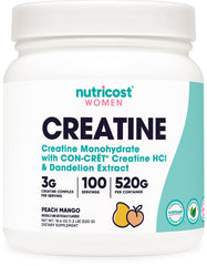 Nutricost Creatine Monohydrate Powder for Women Peach Mango bottle with scoop, 100 servings