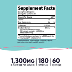 Supplement facts showing 1300 mg D-Mannose and 500 mg cranberry extract per serving