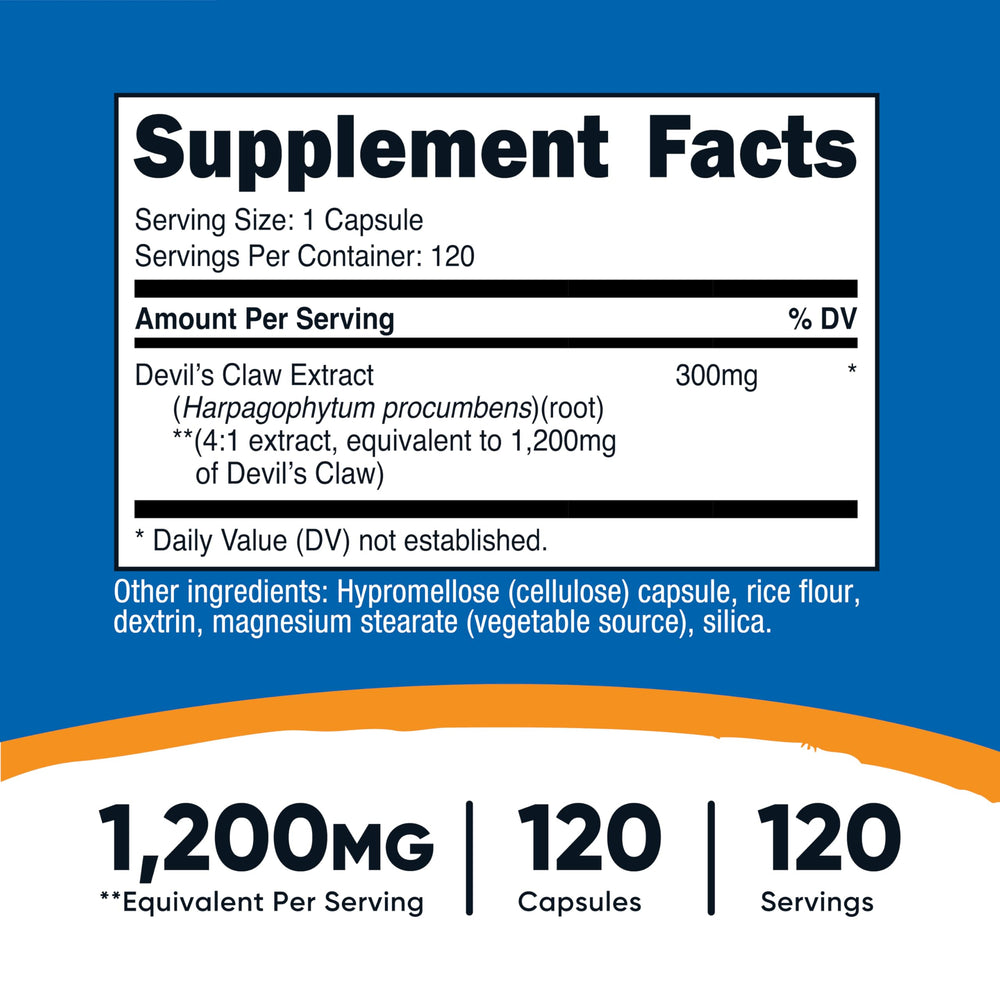 Close-up of Nutricost Devils Claw 1200mg capsules