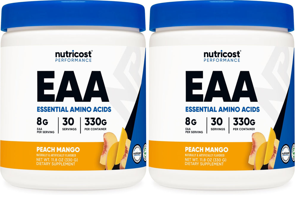 Nutricost EAA Powder Peach Mango bottle pour demonstrates easy mixing and refreshing flavor