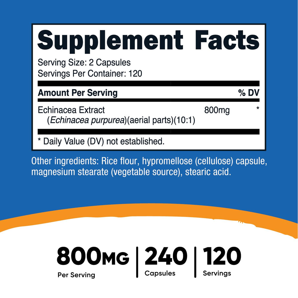 Serving size of 800mg Echinacea per capsule, 120 servings per bottle